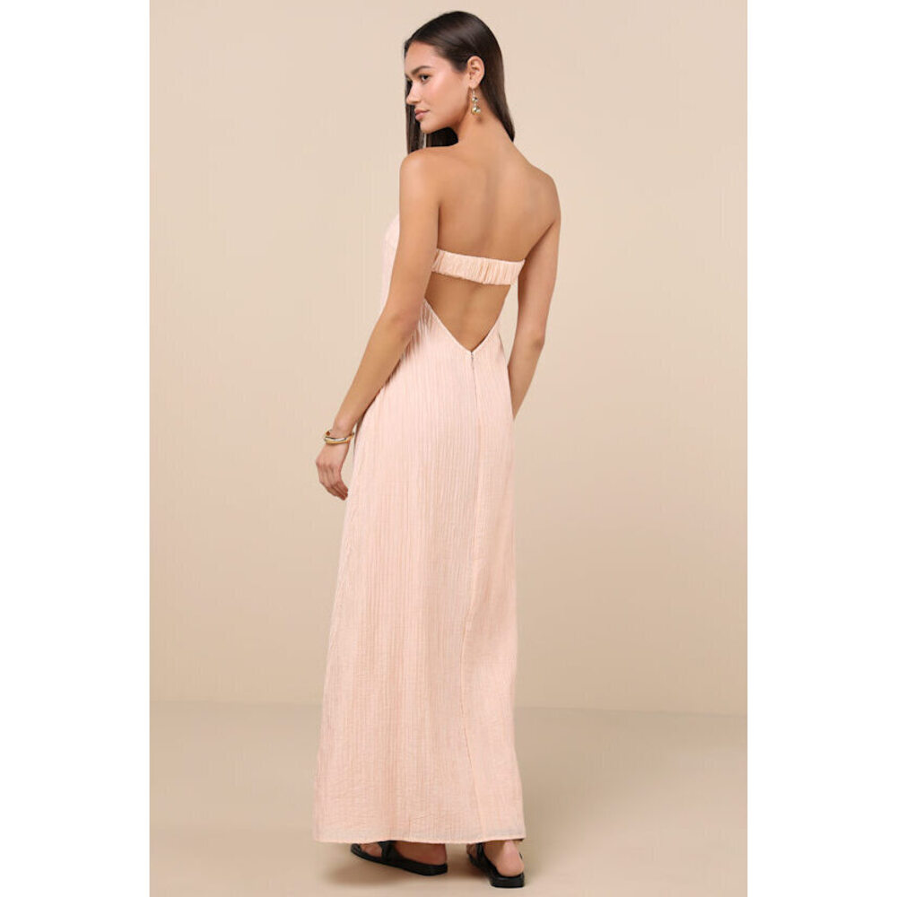 Lulus Radiant Season Peach Pink Plisse Cutout Strapless Maxi Dress - Size L